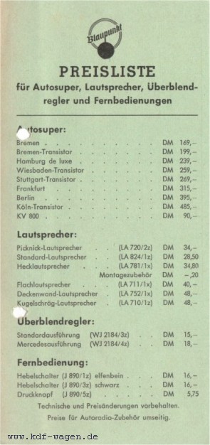 VW - 1958 - Preisliste für Autosuper - WEB/A/10/345 DD (DDV 858) - [2344]-1
