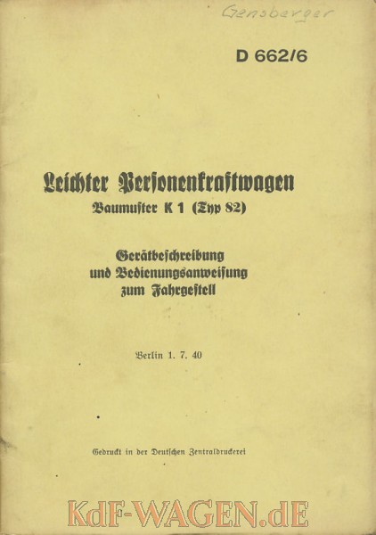 VW - 1940 - Leichter Personenkraftwagen Baumuster K1 (Typ82) Gerätebeschreibung - D 662/6 - 1.7.1940 - [8574]-1