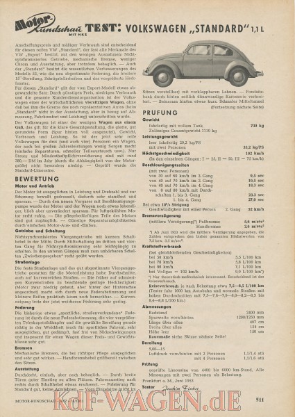 VW - 1953 - Motor Rundschau: Test Volkswagen Standard - 14 - Sonderdruck - [8999]-1