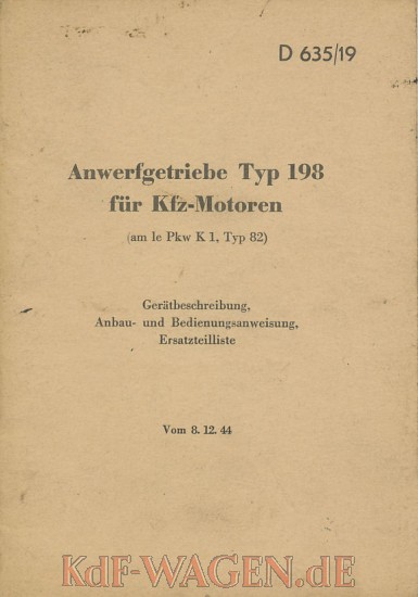 VW - 1944 - Anwerfgetriebe Typ 198 für Kfz-Motoren - D 635/19 - 8.12.44 - [9094]-1