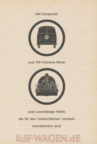 VW - 1958 - VW-Transporter und VW-Industrie-Motor zwei zuverlässige Helfer, die für den fortschrittlichen Landwirt unentbehrlich sind. - [9701]-1
